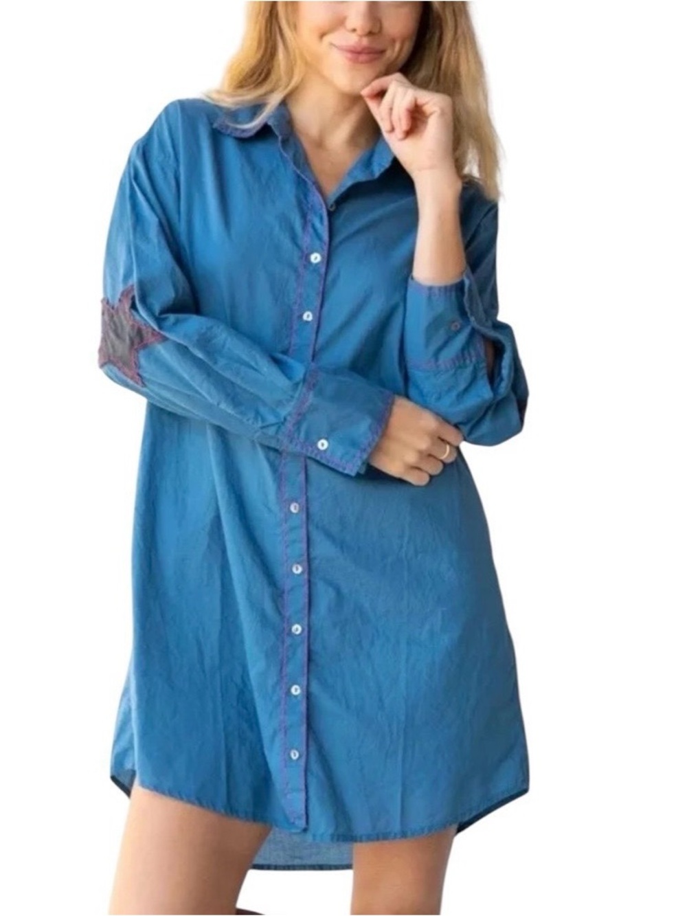 Natural Life Lesli Star Elbow Patch Oversized Shirt Dress Blue Pink Stitch 
Sz M